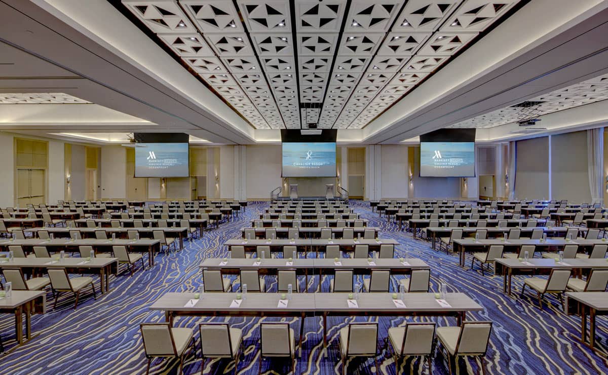 Seaside Ballroom meeting space with screens and audiovisual capabilities at the Marriott Virginia Beach Oceanfront Resort.