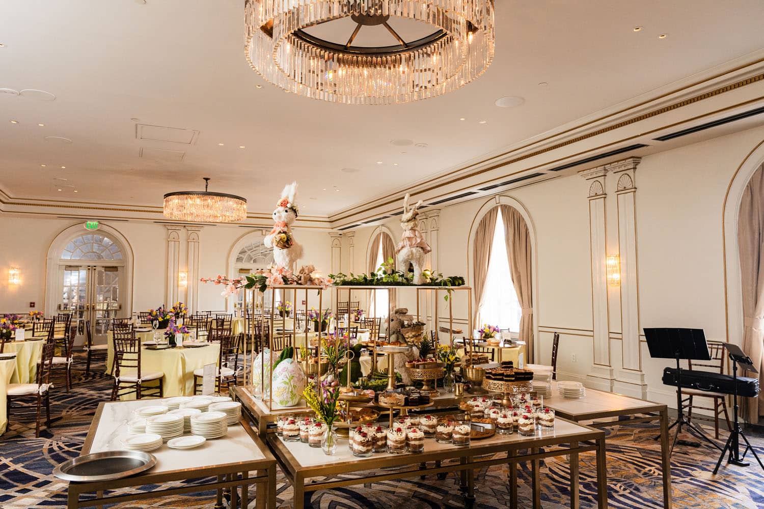 The interior dining room of the Crystal Ballroom at The Historic Cavalier Hotel