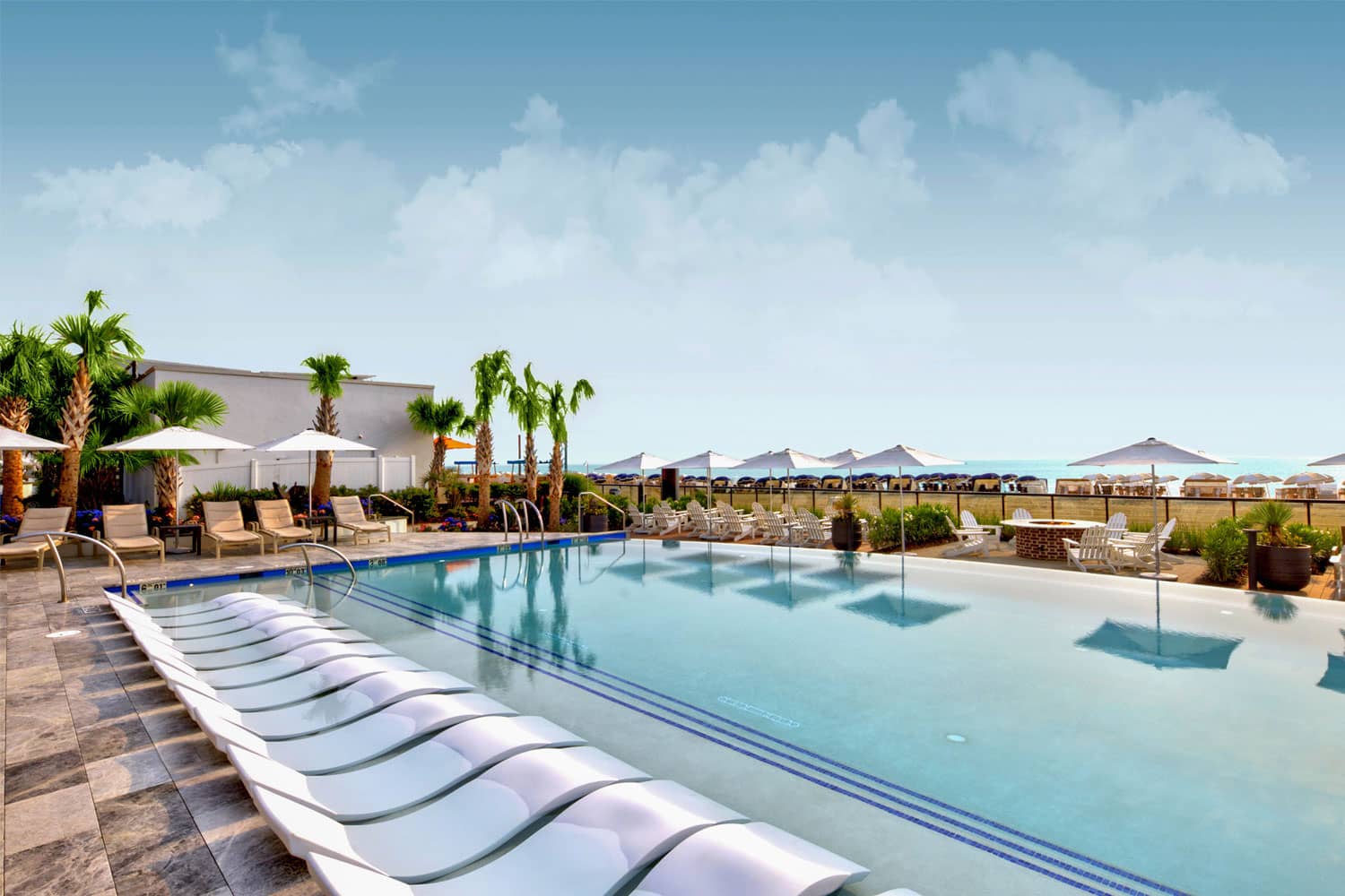 The outdoor infinity pool at the Embassy Suites Virginia Beach Oceanfront Resort