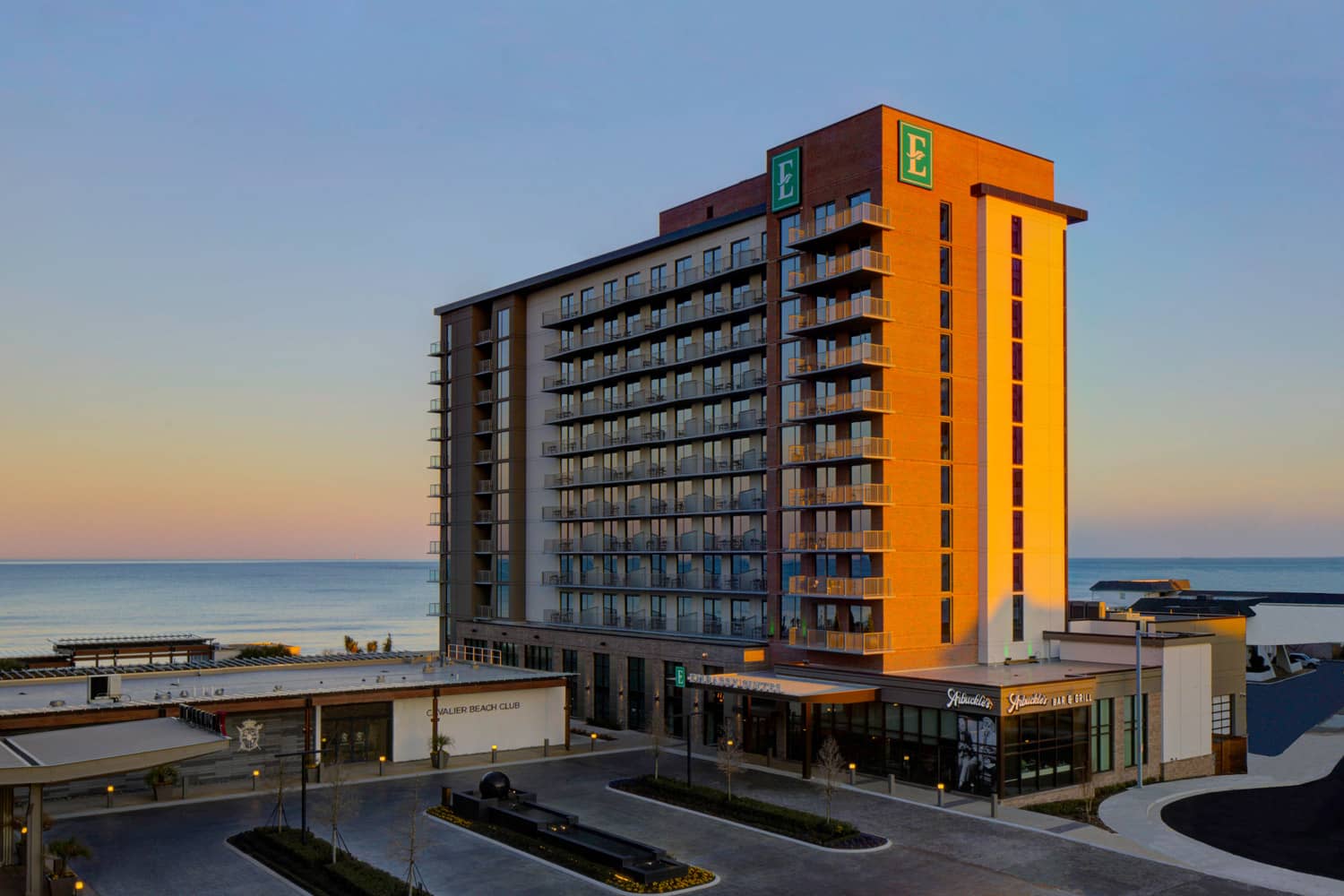 Embassy Suites Virginia Beach Oceanfront Resort at dusk