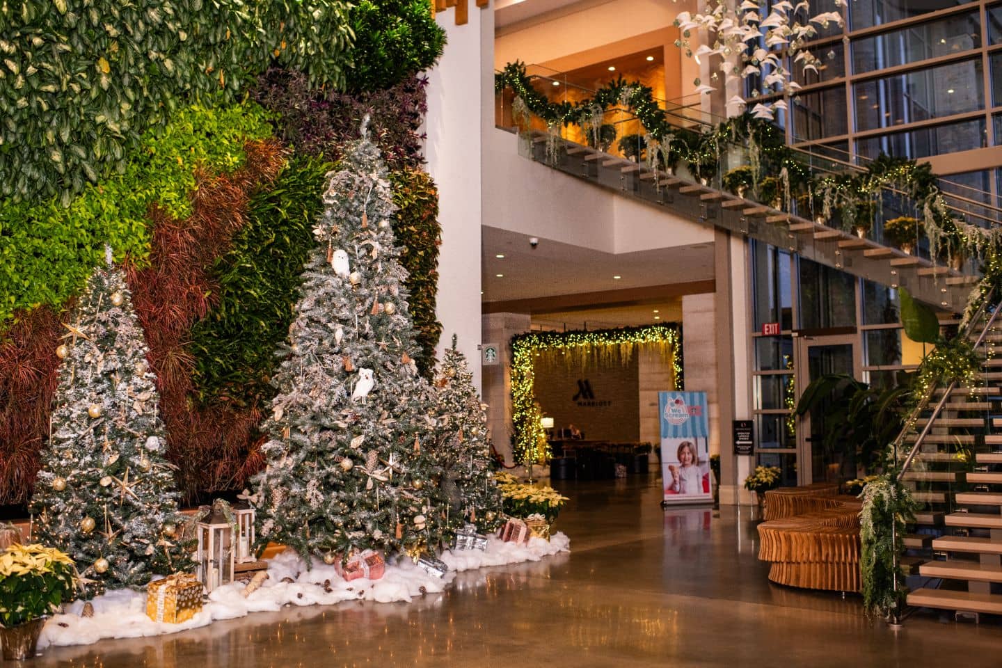 A hotel lobby and large Christmas tree