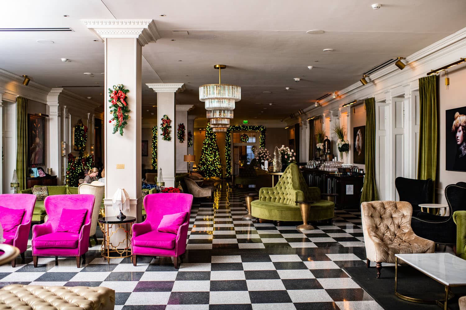 A hotel lounge decorated with holiday themes