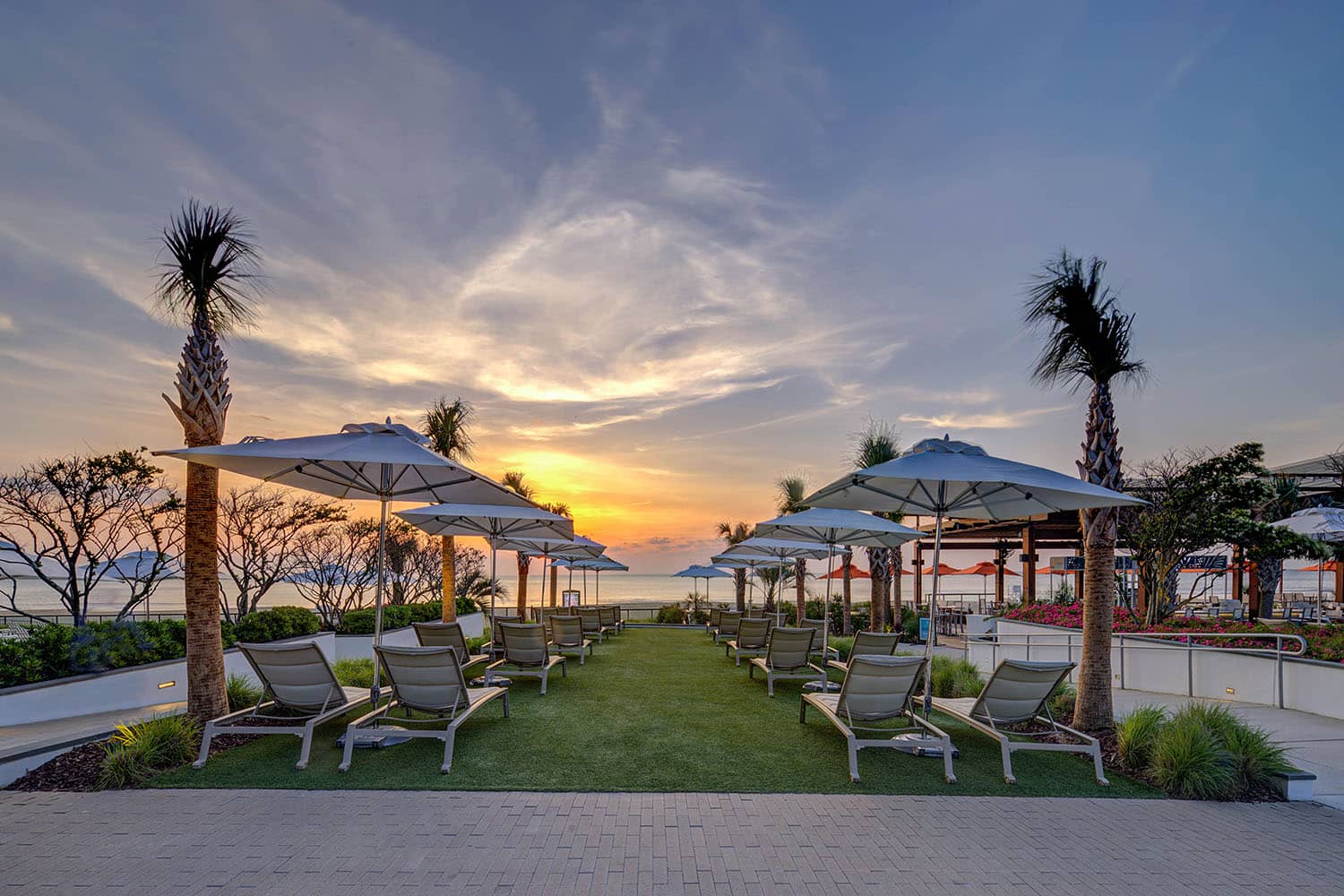 Sunset with outdoor patio chairs at the Marriott Virginia Beach Oceanfront Resort