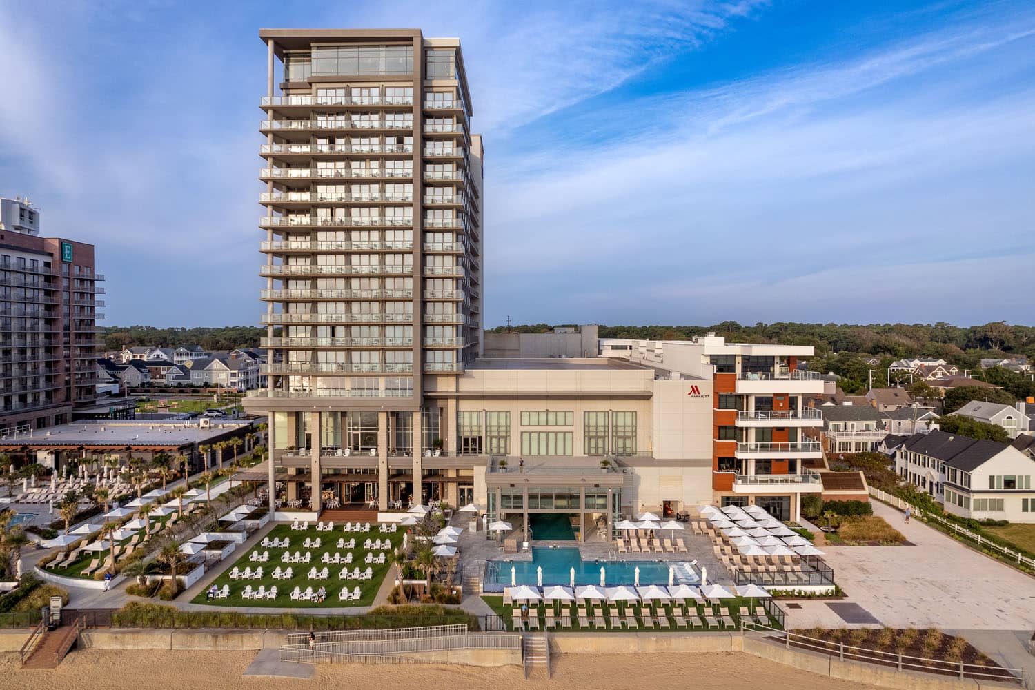 An exterior aerial view of the Marriott Virginia Beach Oceanfront Resort