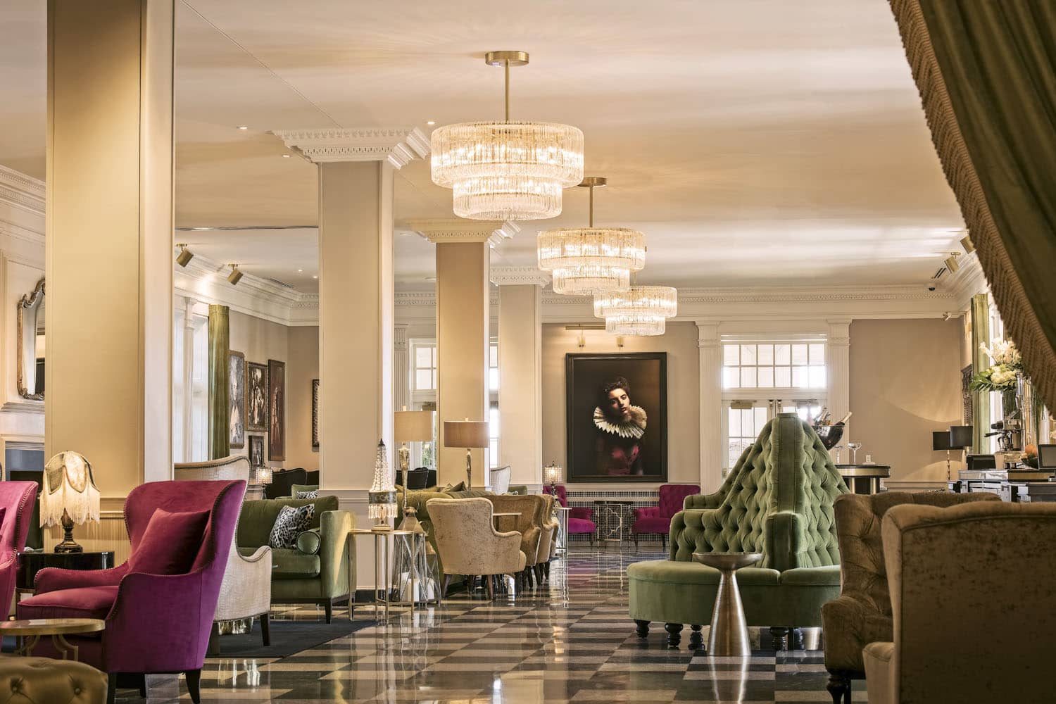 The interior lounge of The Raleigh Room at The Historic Cavalier Hotel