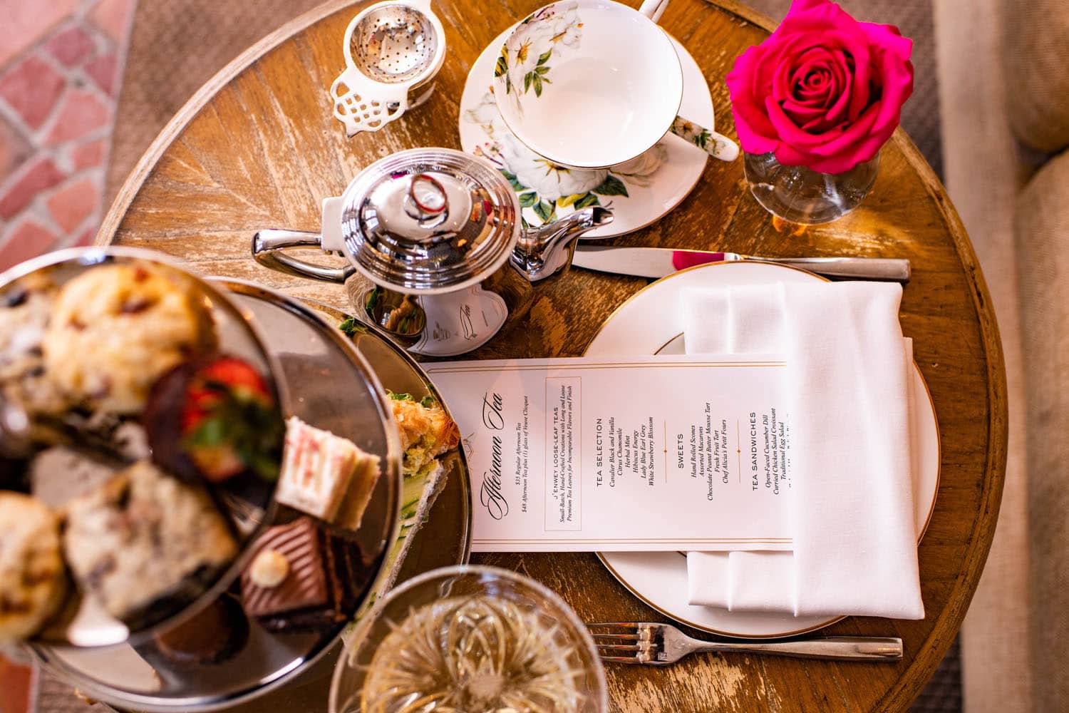 A table decorated for afternoon tea at The Historic Cavalier Hotel