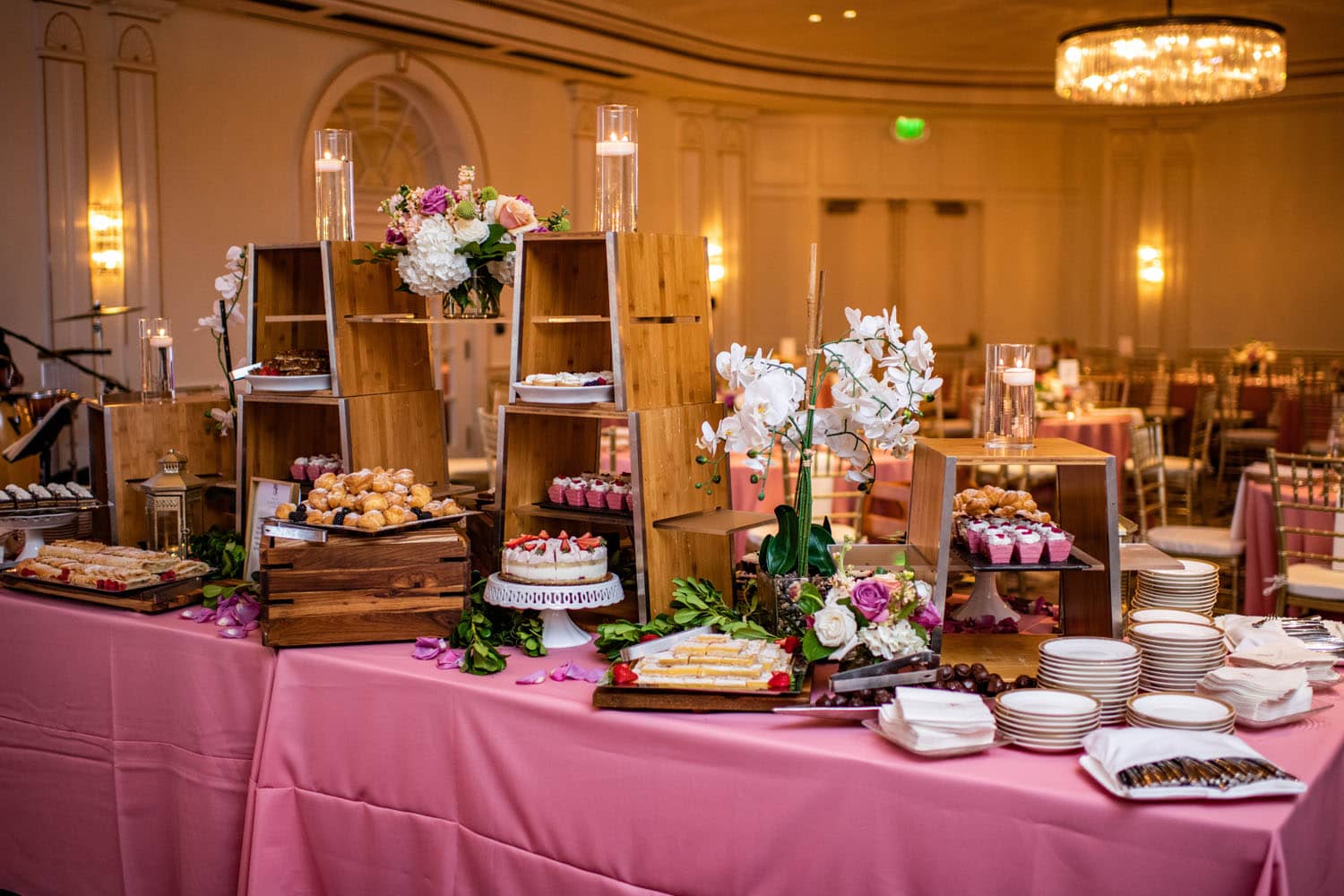 A neatly decorated table on Mother's Day inside the Crystal Ballroom at The Historic Cavalier Hotel