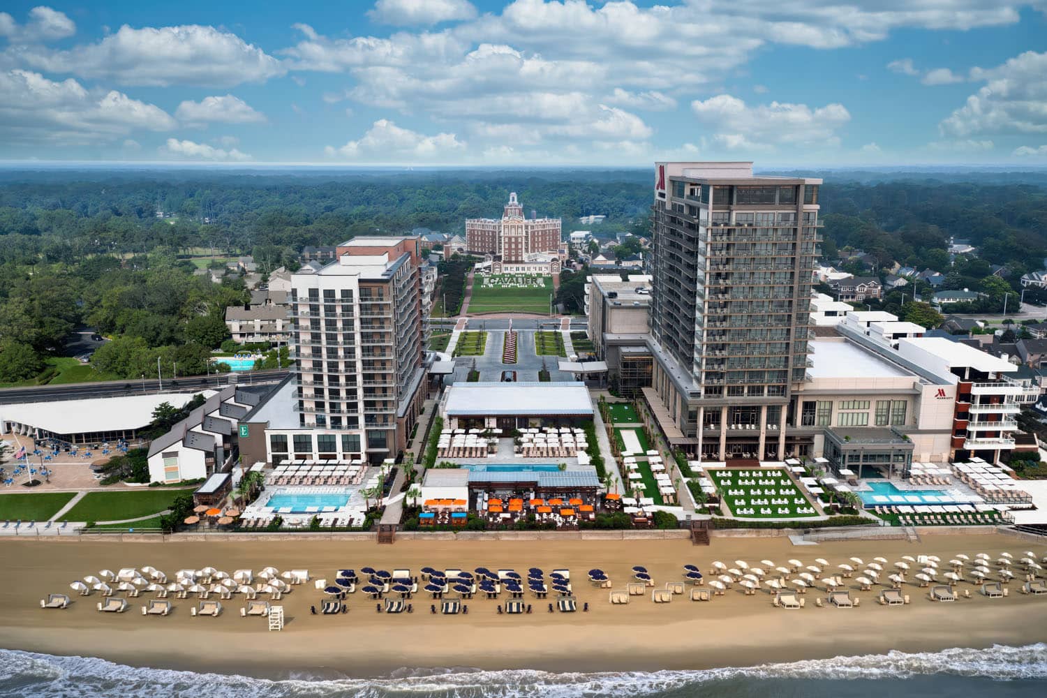 An aerial view of the Cavalier Resort Virginia Beach's three hotels