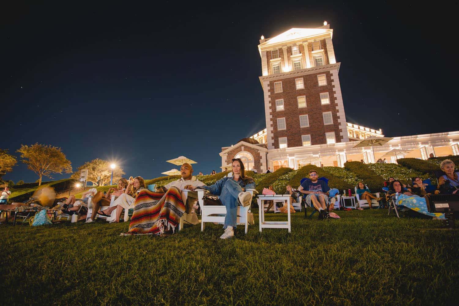 An outdoor summer movie night at The Historic Cavalier Hotel