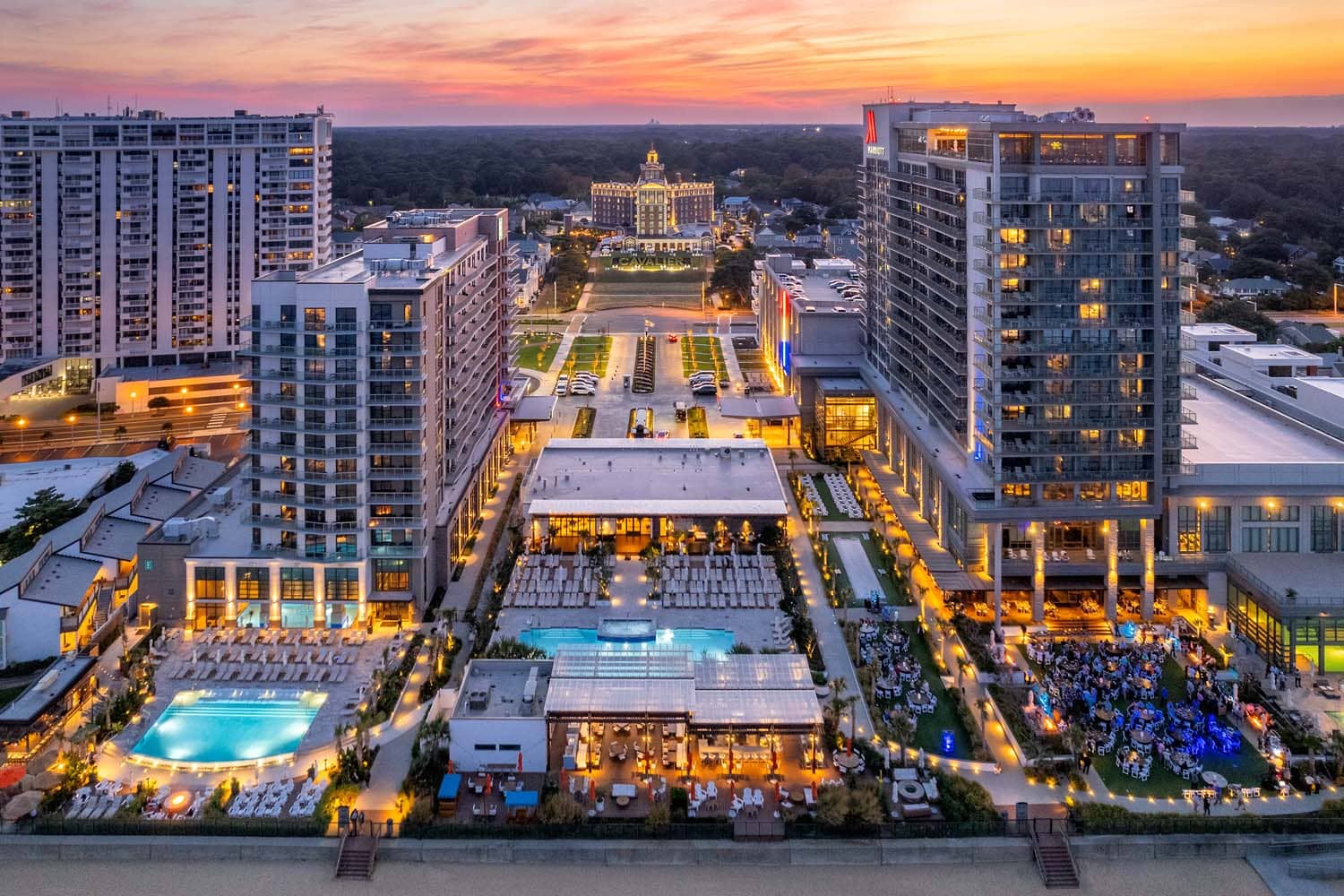 An aerial view at sunset of the Cavalier Resort Virginia Beach