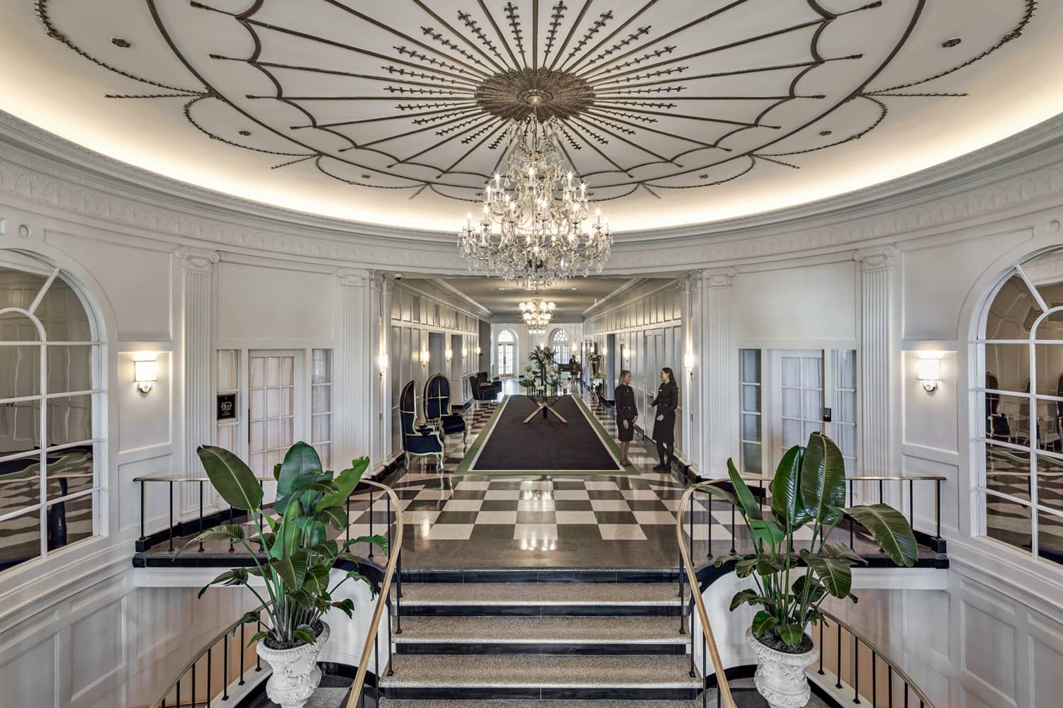 The interior hotel lobby of The Historic Cavalier Hotel