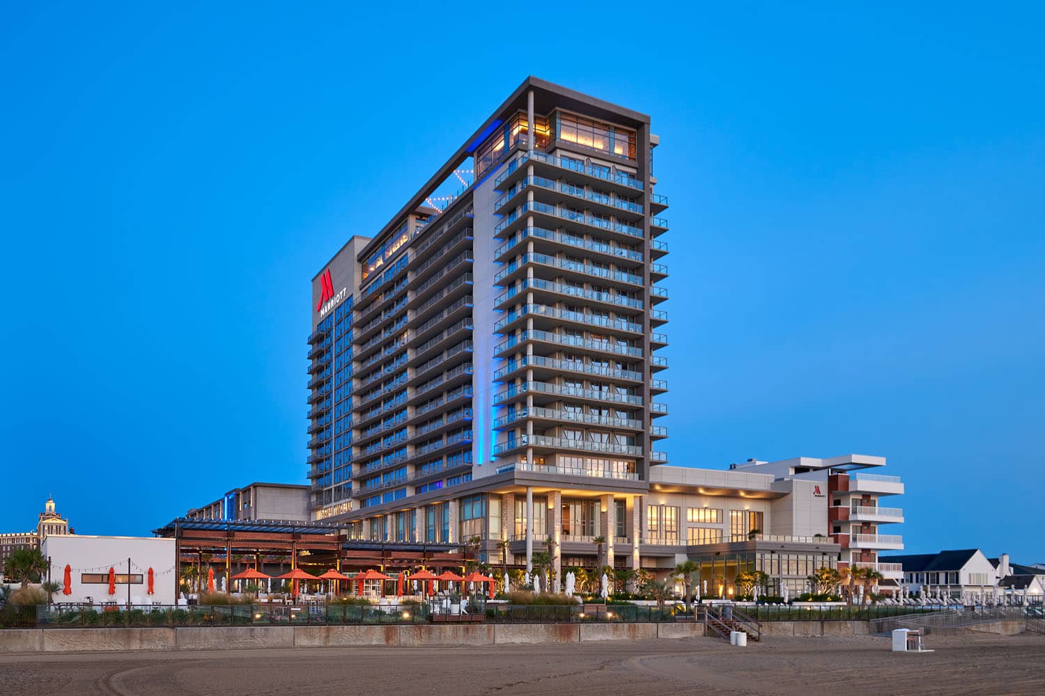 An exterior beachside view of the Marriott Virginia Beach Oceanfront Resort