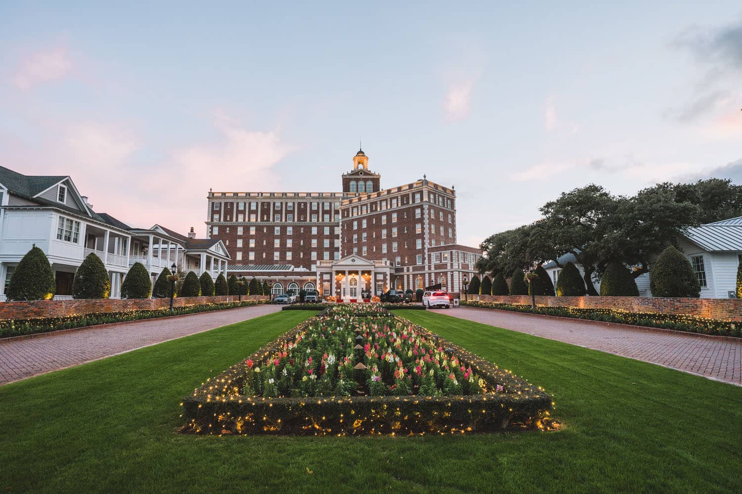 The entrance to The Historic Cavalier Hotel at dusk