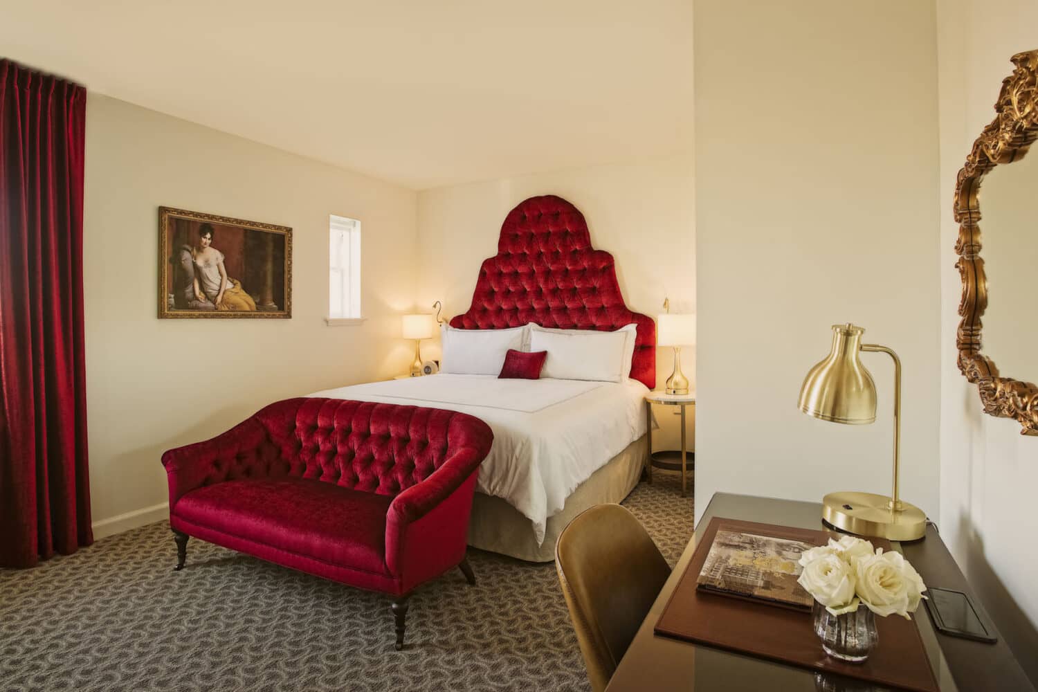 An interior bedroom suite at The Historic Cavalier Hotel