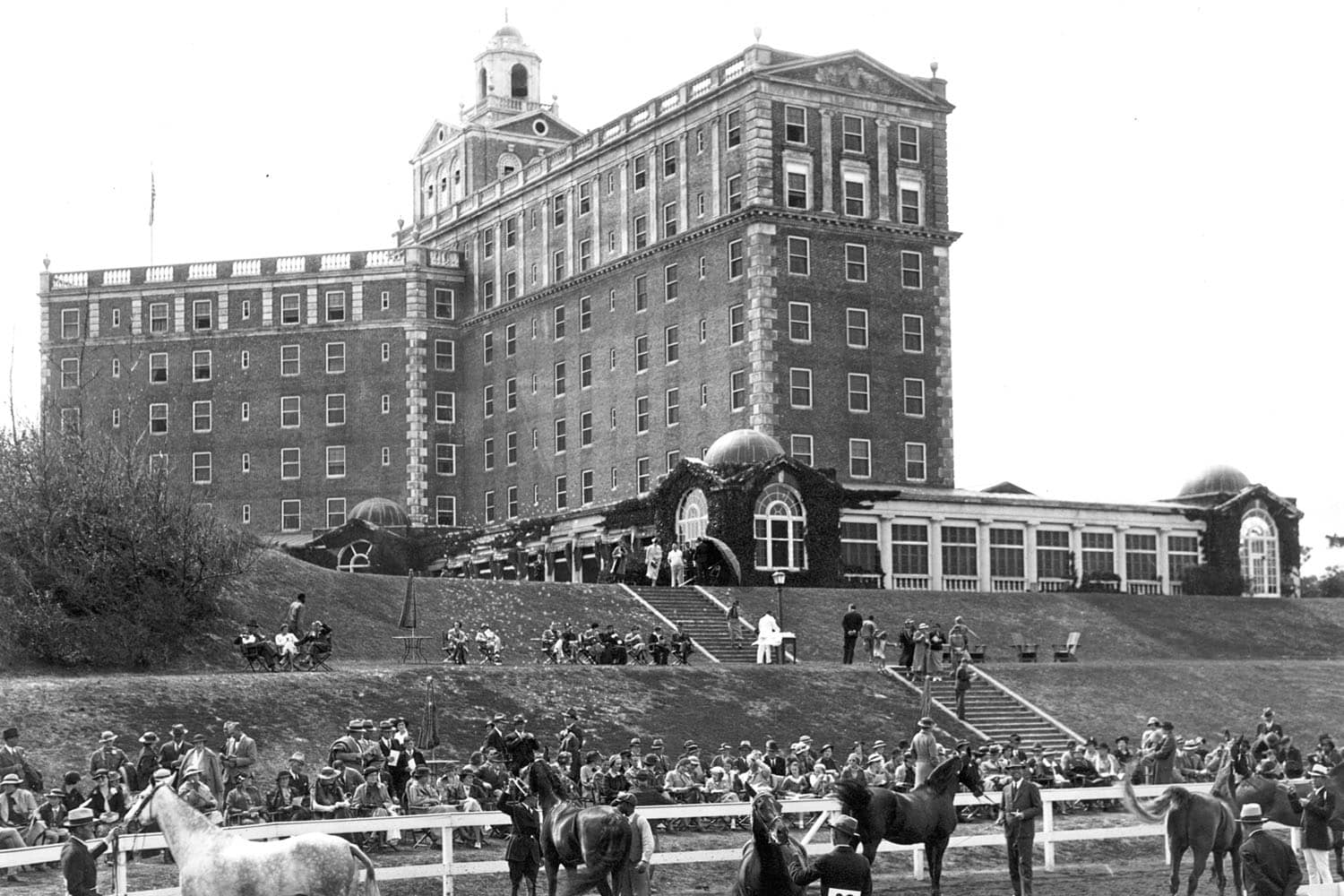 A historical black and white photo of the grounds at The Cavalier Hotel