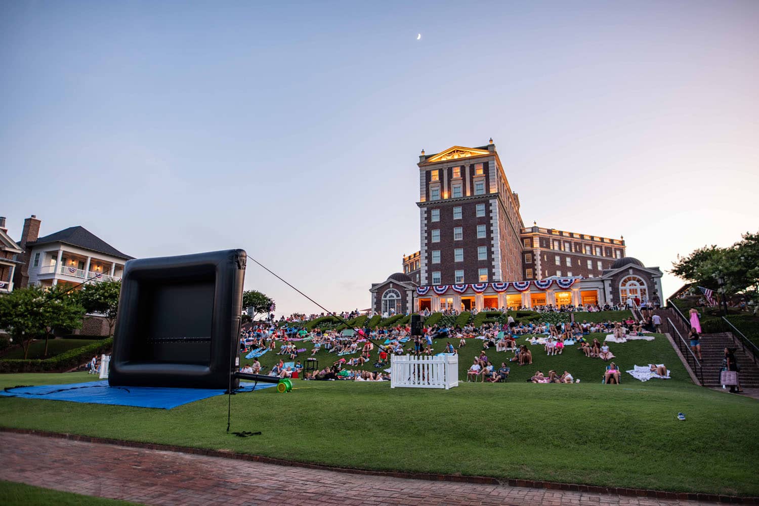 An outdoor summer movie night at The Historic Cavalier Hotel