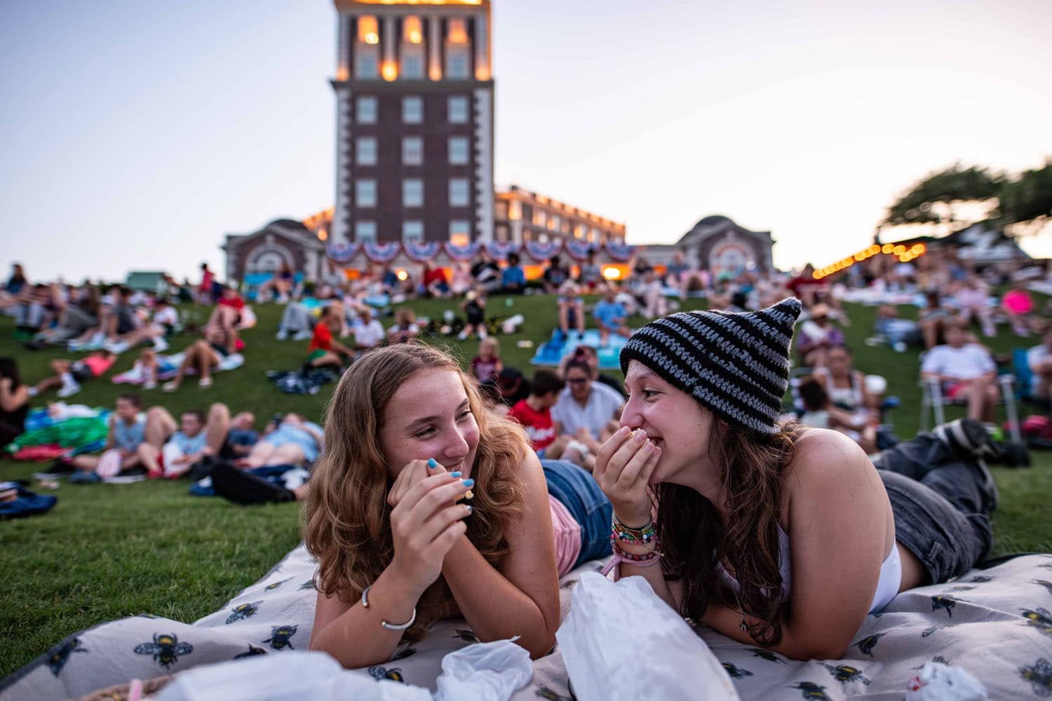 An outdoor summer movie night at The Historic Cavalier Hotel