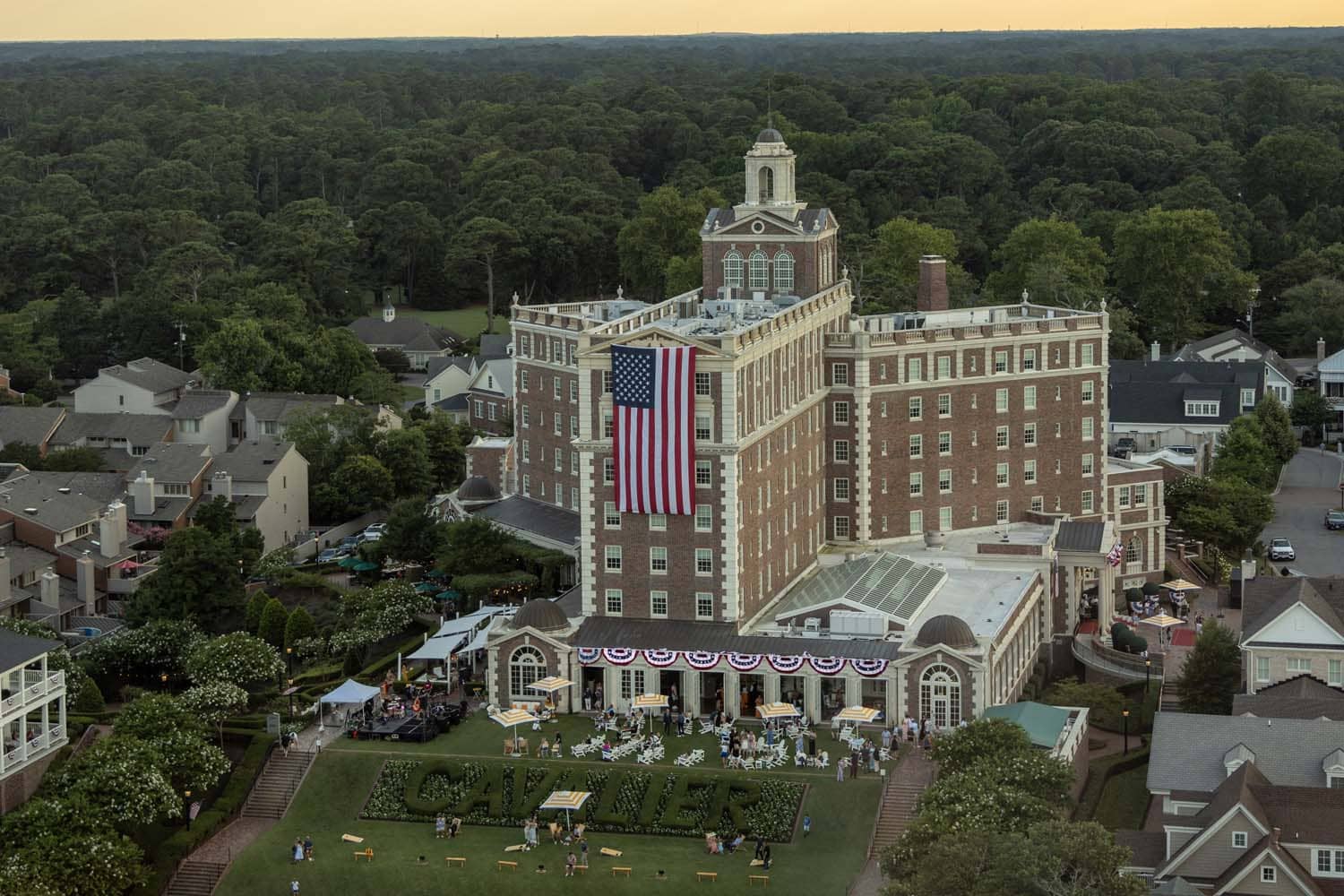 The Historic Cavalier Hotel with July 4th decorations on its exterior
