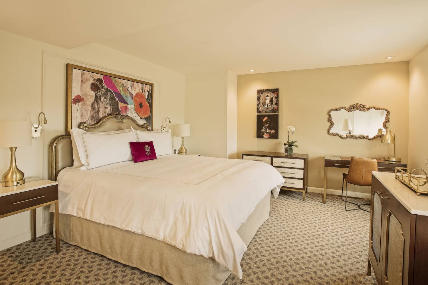 A Guest Room with one king bed inside The Historic Cavalier Hotel