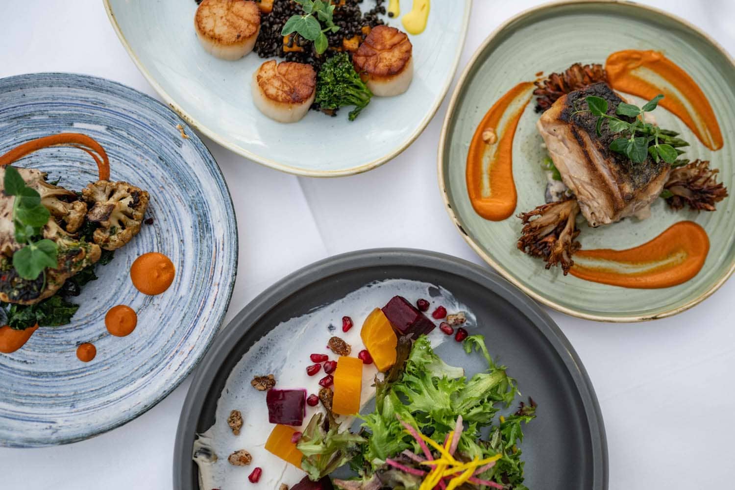 A group of plated dishes on a table at Becca Restaurant & Garden