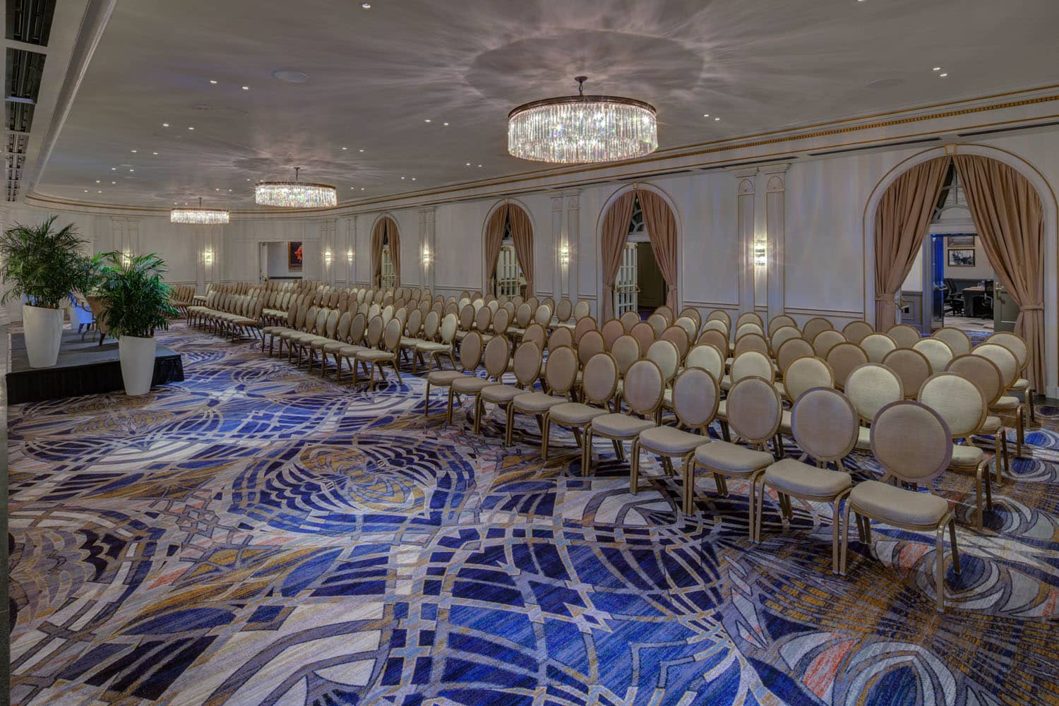 A standard meeting and events setup inside The Historic Cavalier Hotel's Crystal Ballroom