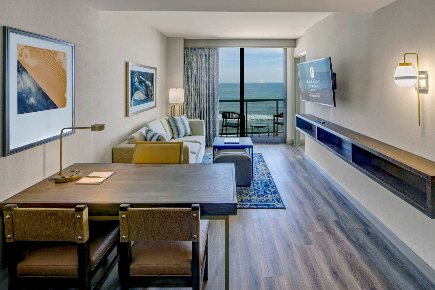 An oceanfront two-room suite at the Embassy Suites Virginia Beach Oceanfront Resort
