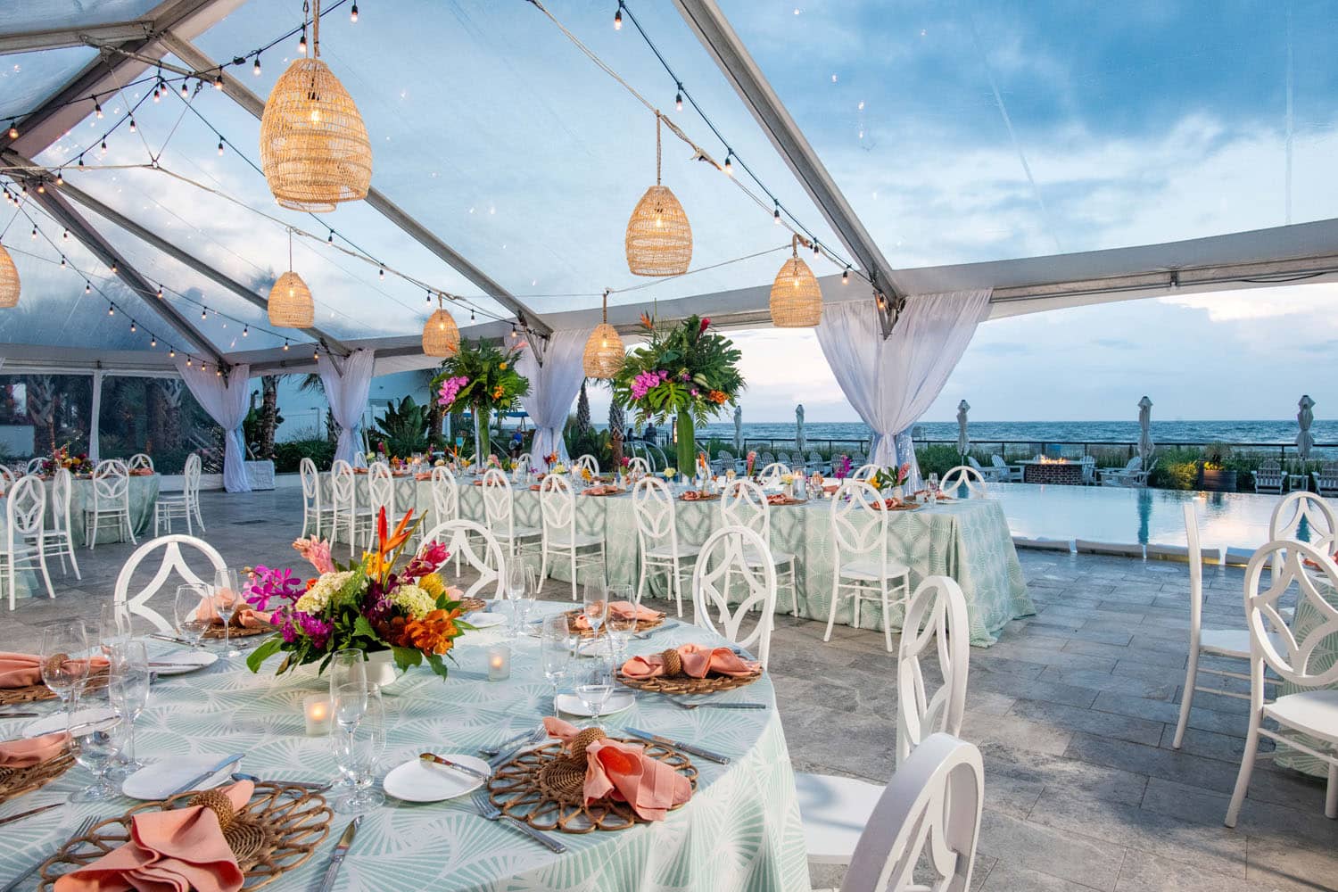 The outdoor pool deck at the Embassy Suites Viriginia Beach Oceanfront Resort during a tented event