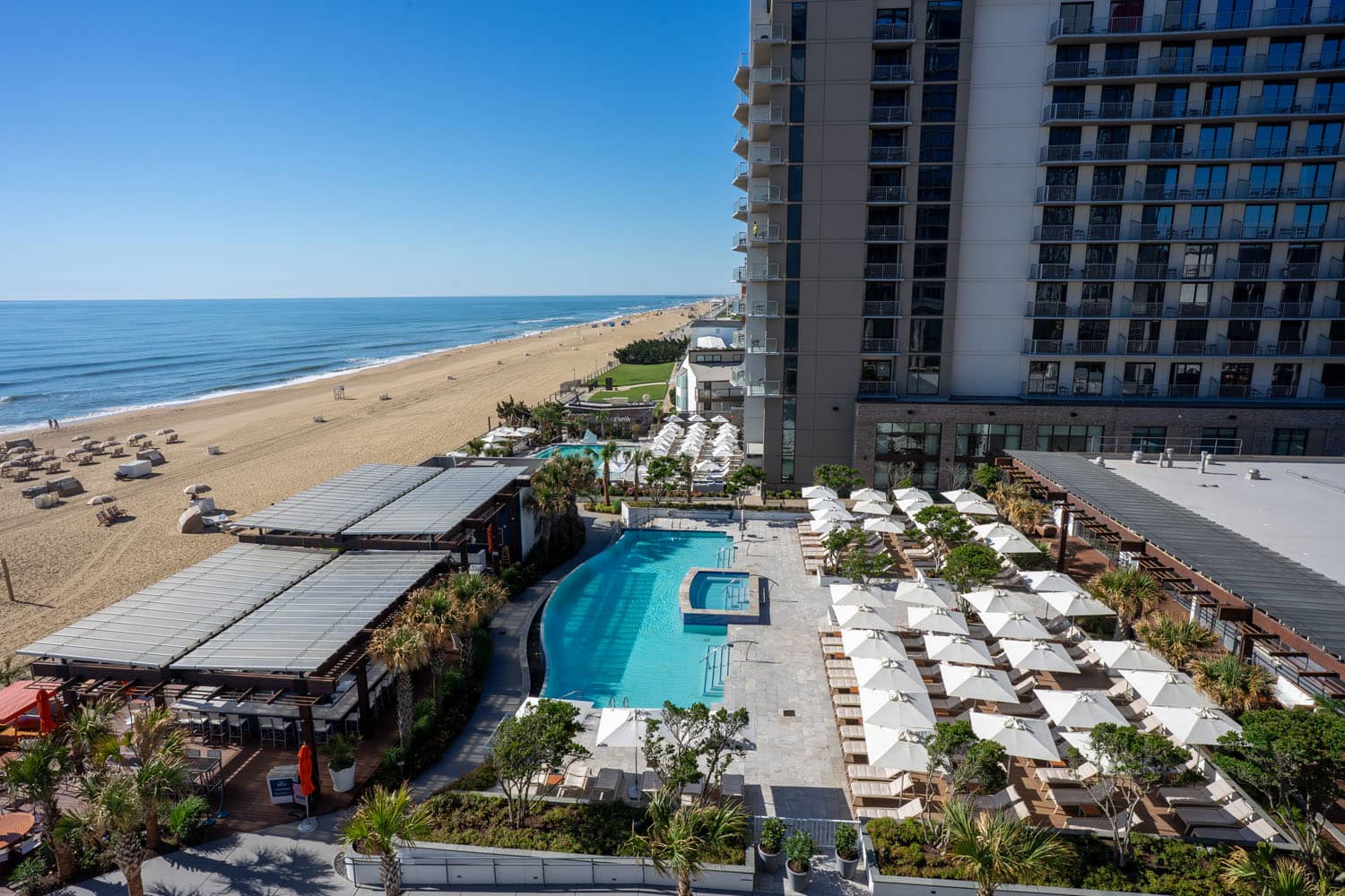 An aerial view of the Cavalier Beach Club and beachfront at the Cavalier Resort