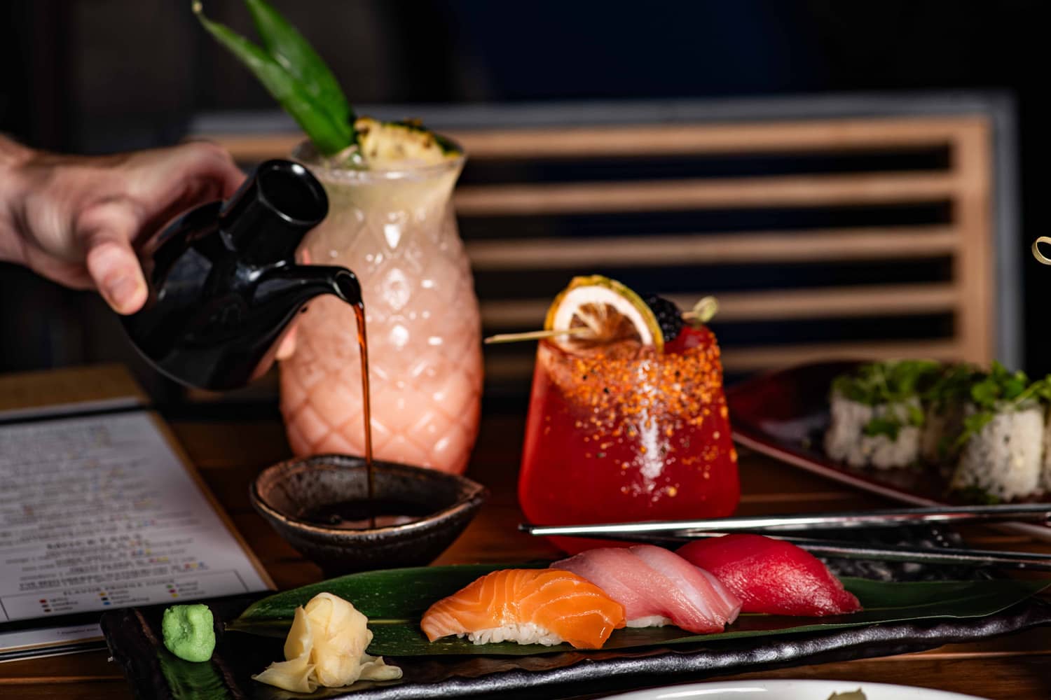 A plated sampling of sushi on a table at Orion's Roof