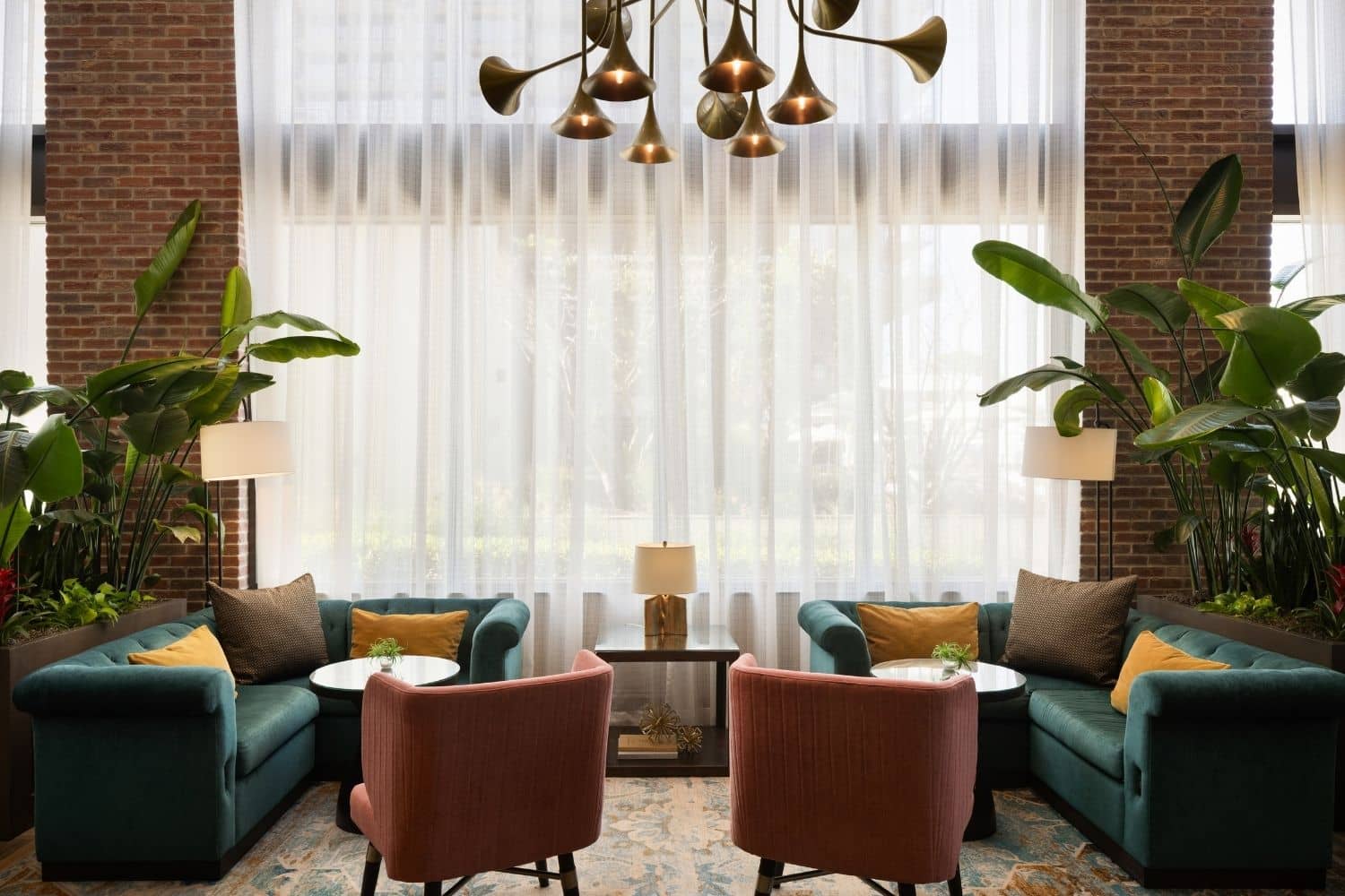 The interior lobby lounge space inside the Embassy Suites Virginia Beach Oceanfront