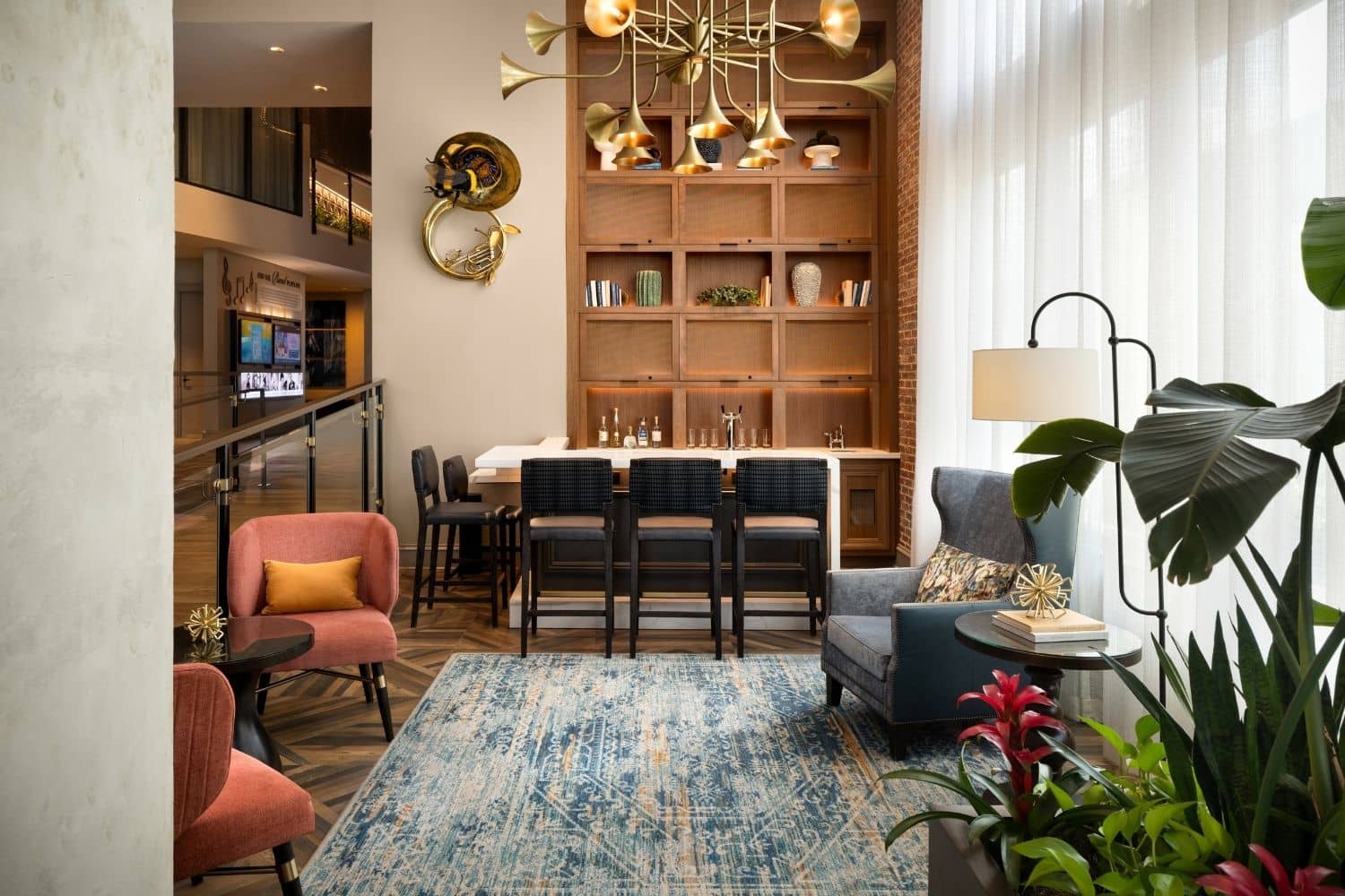 The interior lobby lounge space inside the Embassy Suites Virginia Beach Oceanfront